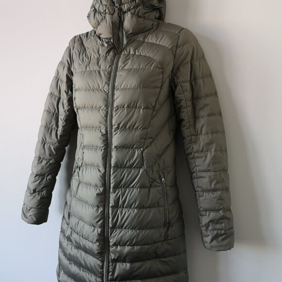 LULULEMON SOEA Brown Grey LTWT Goose Down Long Hooded 1 x A Lady Parka Jacket 4 - Picture 2 of 9
